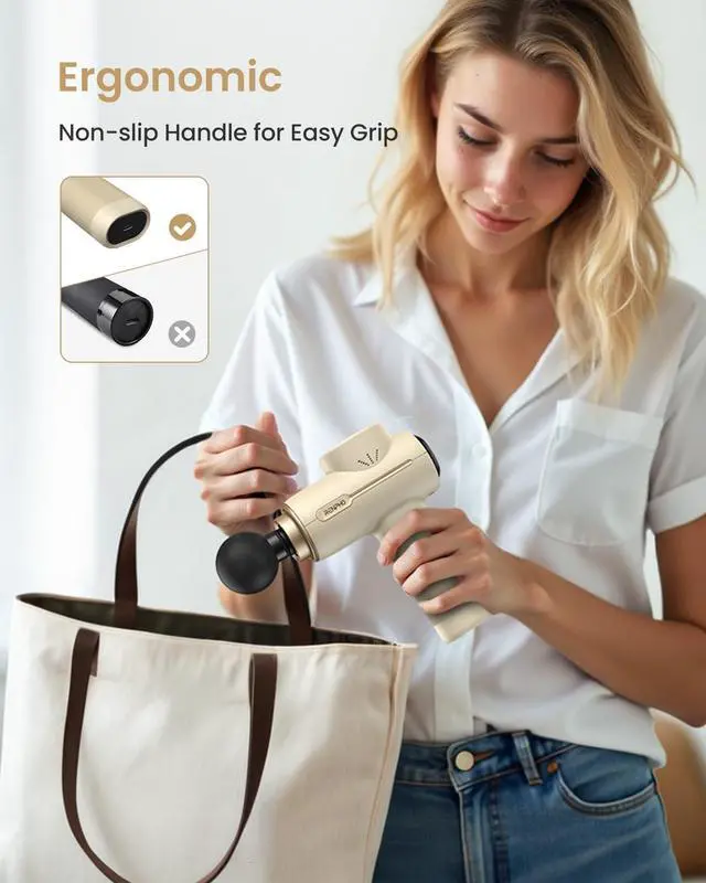 Alt view image 5 of 7 - Active Massage Gun, Fathers Day Dad Gifts, Deep Tissue Percussion Back Massager for Neck, FSA Approved, Portable Handheld Massager with 5 Speeds, HSA, 5 Attachments, Carry Case, Beige