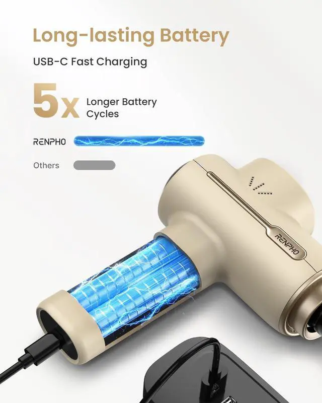 Alt view image 4 of 7 - Active Massage Gun, Fathers Day Dad Gifts, Deep Tissue Percussion Back Massager for Neck, FSA Approved, Portable Handheld Massager with 5 Speeds, HSA, 5 Attachments, Carry Case, Beige