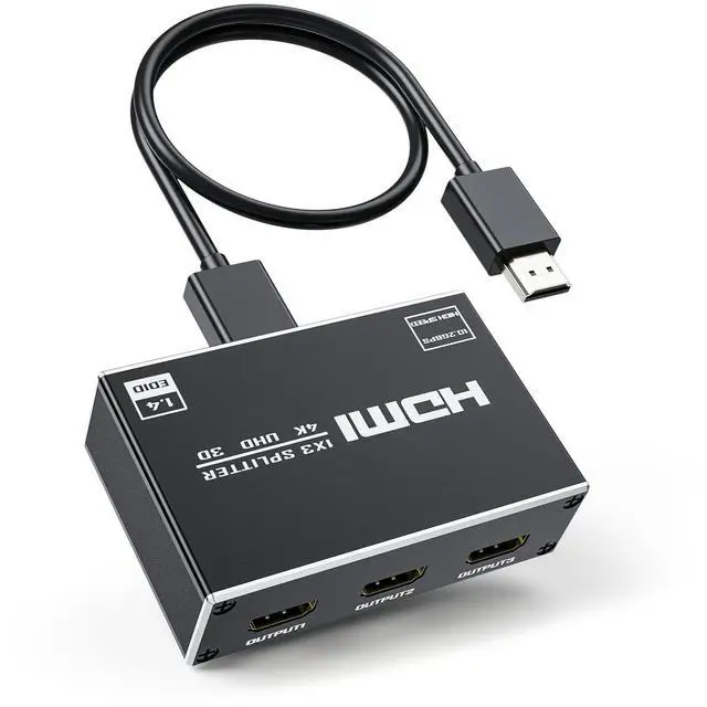 Main image of HDMI Splitter 1 in 3 Out with HDMI Cable and Power Adapter, 4K 30Hz HDMI Output Splitter 1X3 Duplicate/Mirror Screen for 3 Monitors, Support 1080P@60Hz, 3D, HDR for PS5 HDTV Projector