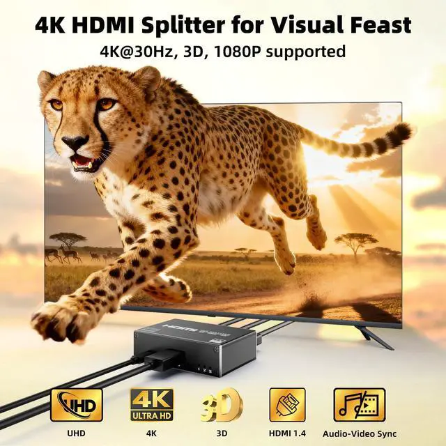 Alt view image 2 of 7 - HDMI Splitter 1 in 3 Out with HDMI Cable and Power Adapter, 4K 30Hz HDMI Output Splitter 1X3 Duplicate/Mirror Screen for 3 Monitors, Support 1080P@60Hz, 3D, HDR for PS5 HDTV Projector