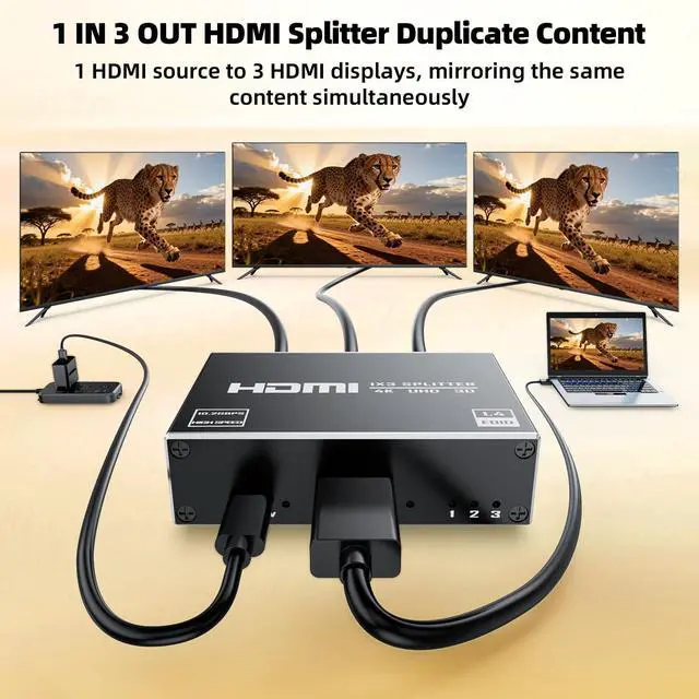 Alt view image 3 of 7 - HDMI Splitter 1 in 3 Out with HDMI Cable and Power Adapter, 4K 30Hz HDMI Output Splitter 1X3 Duplicate/Mirror Screen for 3 Monitors, Support 1080P@60Hz, 3D, HDR for PS5 HDTV Projector