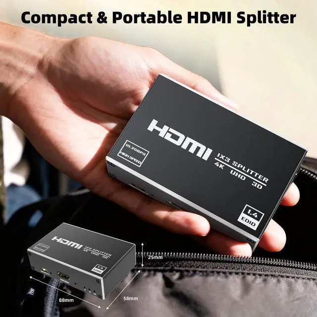 Alt view image 7 of 7 - HDMI Splitter 1 in 3 Out with HDMI Cable and Power Adapter, 4K 30Hz HDMI Output Splitter 1X3 Duplicate/Mirror Screen for 3 Monitors, Support 1080P@60Hz, 3D, HDR for PS5 HDTV Projector