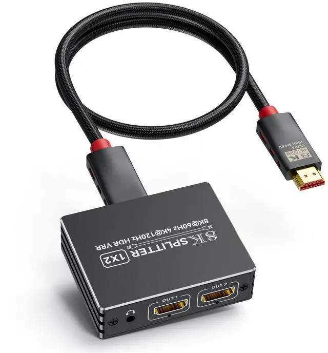 Main image of HDMI 2.1 Splitter 1 in 2 Out 4K 120Hz with 8K HDMI Cable and Power Adapter, 8K 60Hz 1x2 HDMI Y Splitter with Audio Out for Dual Monitors Duplicate, Support HDCP 2.3 HDR for PS5/Xbox/PC/TV