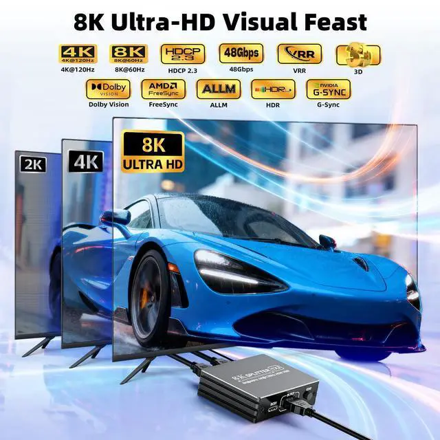 Alt view image 2 of 7 - HDMI 2.1 Splitter 1 in 2 Out 4K 120Hz with 8K HDMI Cable and Power Adapter, 8K 60Hz 1x2 HDMI Y Splitter with Audio Out for Dual Monitors Duplicate, Support HDCP 2.3 HDR for PS5/Xbox/PC/TV