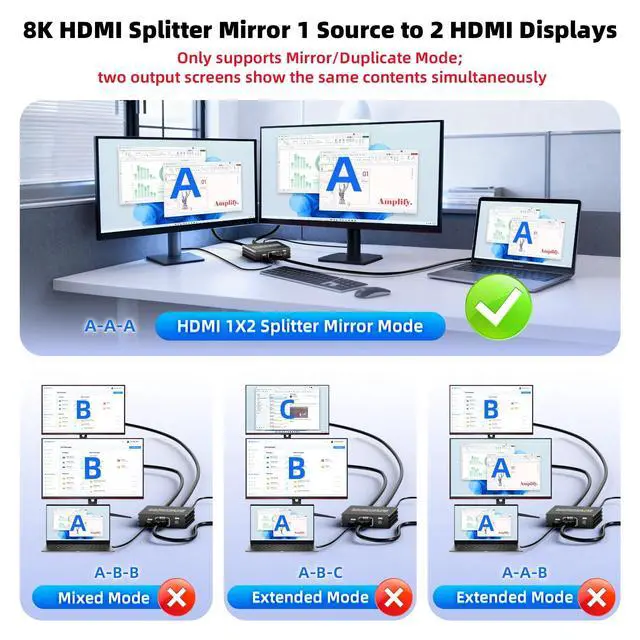 Alt view image 4 of 7 - HDMI 2.1 Splitter 1 in 2 Out 4K 120Hz with 8K HDMI Cable and Power Adapter, 8K 60Hz 1x2 HDMI Y Splitter with Audio Out for Dual Monitors Duplicate, Support HDCP 2.3 HDR for PS5/Xbox/PC/TV