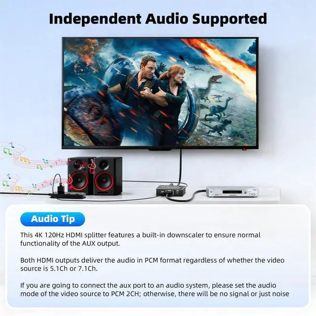 Alt view image 6 of 7 - HDMI 2.1 Splitter 1 in 2 Out 4K 120Hz with 8K HDMI Cable and Power Adapter, 8K 60Hz 1x2 HDMI Y Splitter with Audio Out for Dual Monitors Duplicate, Support HDCP 2.3 HDR for PS5/Xbox/PC/TV
