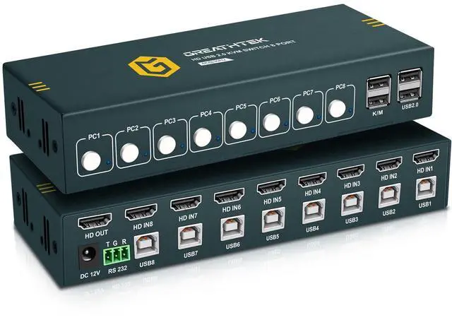 Main image of 8 Ports HDMI KVM Switch, 8 Computers Share 1 Monitor Keyboard and Mouse, USB2.0 4K@30HZ 8 in 1 Out Monitor Switch with Hotkeys, Adaptive EDID