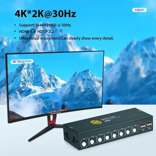 Alt view image 2 of 7 - 8 Ports HDMI KVM Switch, 8 Computers Share 1 Monitor Keyboard and Mouse, USB2.0 4K@30HZ 8 in 1 Out Monitor Switch with Hotkeys, Adaptive EDID