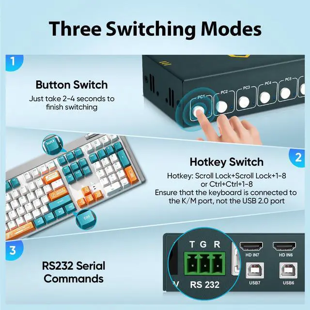 Alt view image 3 of 7 - 8 Ports HDMI KVM Switch, 8 Computers Share 1 Monitor Keyboard and Mouse, USB2.0 4K@30HZ 8 in 1 Out Monitor Switch with Hotkeys, Adaptive EDID