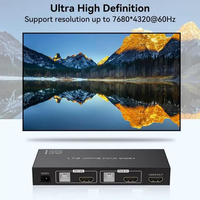 Alt view image 4 of 7 - 8K HDMI KVM Switch 1 Monitors 2 Computers Supports 8K@60Hz 4K@120Hz Share 1 Monitor Keyboard Mouse Hard Drives Printer KVM Switches Includes 2 USB 2.0 Cables