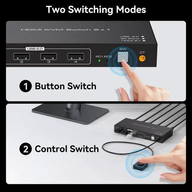 Alt view image 6 of 7 - 8K HDMI KVM Switch 1 Monitors 2 Computers Supports 8K@60Hz 4K@120Hz Share 1 Monitor Keyboard Mouse Hard Drives Printer KVM Switches Includes 2 USB 2.0 Cables