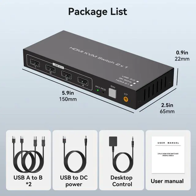 Alt view image 7 of 7 - 8K HDMI KVM Switch 1 Monitors 2 Computers Supports 8K@60Hz 4K@120Hz Share 1 Monitor Keyboard Mouse Hard Drives Printer KVM Switches Includes 2 USB 2.0 Cables