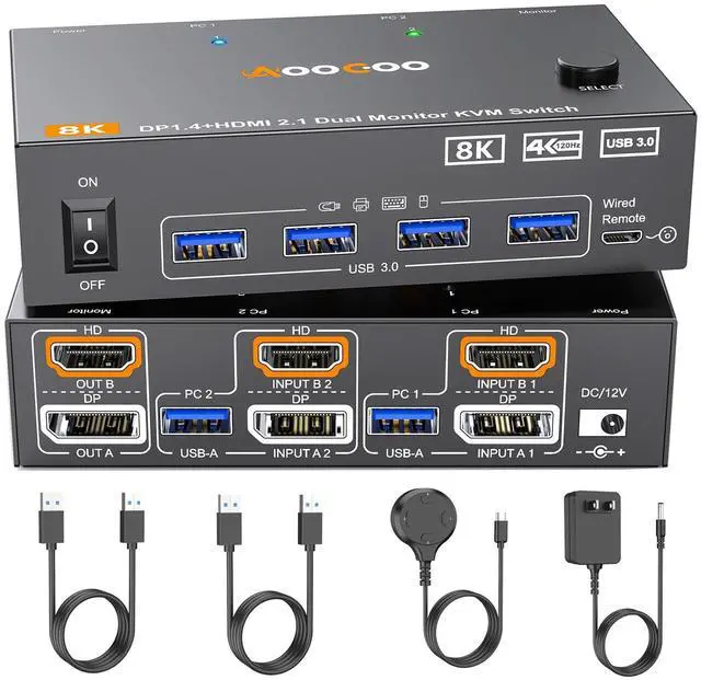 Main image of HDMI DP2.1 KVM Switch 2 Monitors 2 Computers, 8K@60Hz/4K@144Hz KVM Switch for 2 PC Sharing 2 Monitors, Keyboard, Mouse, with 2 USB3.0 Cables, Wired Controller and Power Adapter