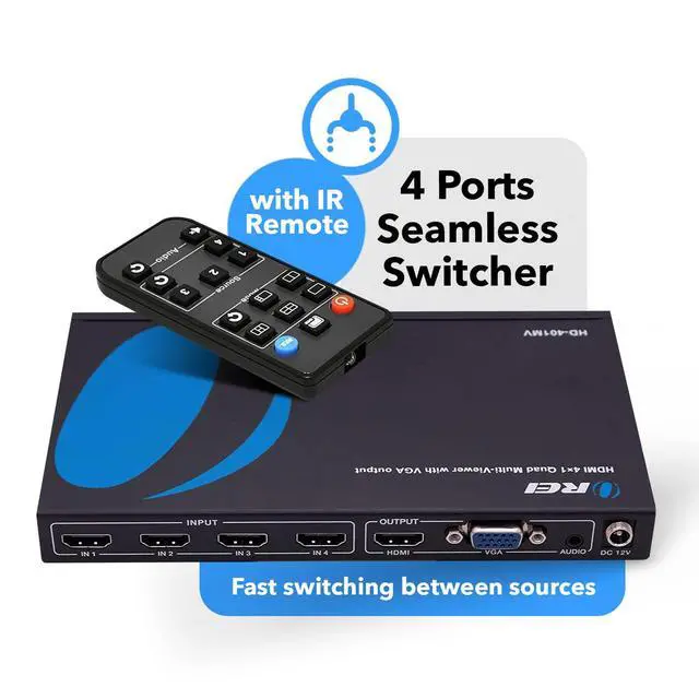 Alt view image 2 of 7 - Quad Multi Viewer 4 in 1 Out HDMI Switcher 4 Ports Seamless Switcher and IR Remote Support 1080P for PS4/PC/DVD/Security Camera, HDMI Switch VGA Output - HD-401MV