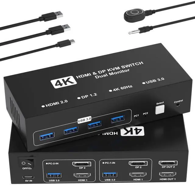 Main image of HDMI DisplayPort KVM Switch 2 Monitors 2 Computers, 4K@60Hz USB3.0 Dual Monitor HDMI KVM Switches Display Port for 2 Computers Share 2 Screens and 4 USB Devices for Keybord Mouse Printer