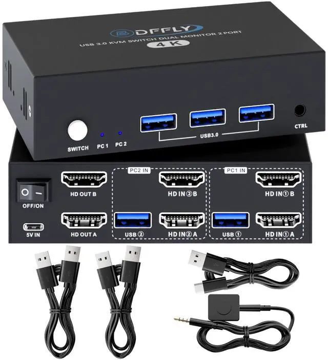 Main image of USB 3.0 HDMI KVM Switch 2 Monitors 2 Computers 4K@60Hz, KVM Switches Dual Monitor with 3 USB 3.0 Ports Sharing Keyboard and Mouse, Printer/Scanner, Desktop Controller, EDID Compatible