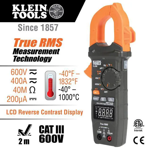 Alt view image 2 of 7 - CL390 AC/DC Digital Clamp Meter, Auto-Ranging, 400 Amp, NCVT Tester, Hi-Viz LCD Display, TRMS, Continuity Resistance, Temperature and More