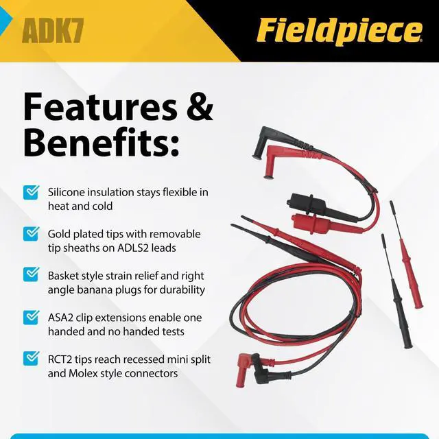 Alt view image 2 of 5 - ADK7 Deluxe Silicone Test Lead Kit Professional HVAC/R Multimeter Lead Set with Gold-Plated Tips, Alligator Clip Extensions, and Extended Reach Molex Probes High-Heat & Cold-Weather