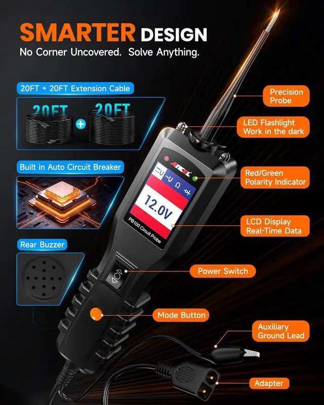 Alt view image 6 of 6 - PB100 Automotive Power Circuit Probe, 12-24 VDC Car Electrical Diagnostic Tool, AC/DC Voltage Current Resistance Short Detection, Trailer Fuse Tester, Digital Voltmeter Ohmmeter, 40FT Cables