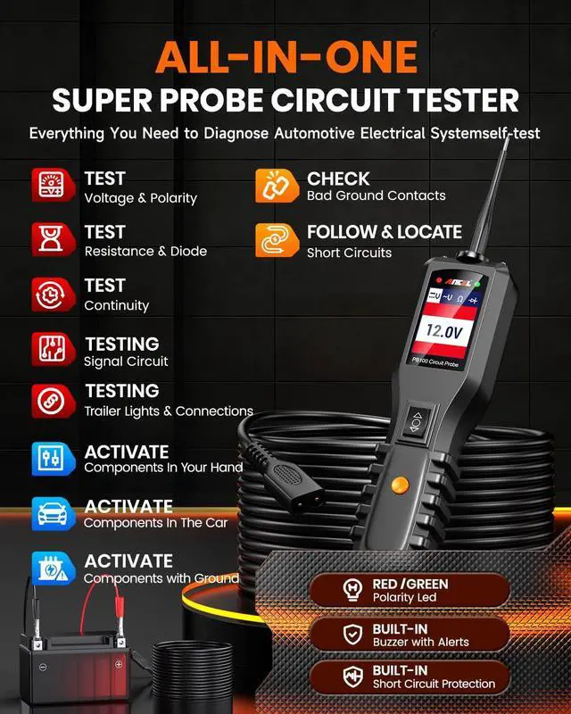Alt view image 2 of 6 - PB100 Automotive Power Circuit Probe, 12-24 VDC Car Electrical Diagnostic Tool, AC/DC Voltage Current Resistance Short Detection, Trailer Fuse Tester, Digital Voltmeter Ohmmeter, 40FT Cables
