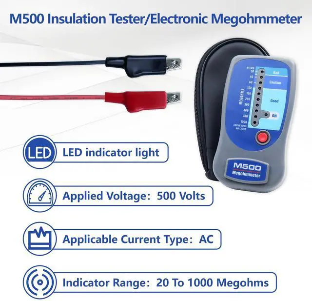 Alt view image 5 of 7 - M500 Insulation Tester MEGOHMMETER, Compatible with Supco M500 Electronic Megohmmeter, Multimeter Tester, Compressor Tester HVAC, 1000 Megohms at 500 Volts, with Soft Carrying Case