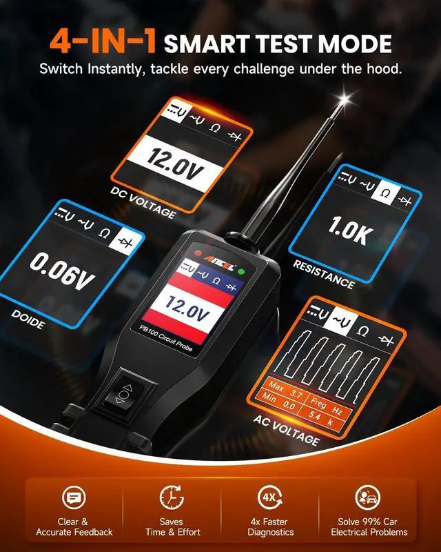 Alt view image 3 of 6 - PB100 Automotive Power Circuit Probe, 12-24 VDC Car Electrical Diagnostic Tool, AC/DC Voltage Current Resistance Short Detection, Trailer Fuse Tester, Digital Voltmeter Ohmmeter, 40FT Cables