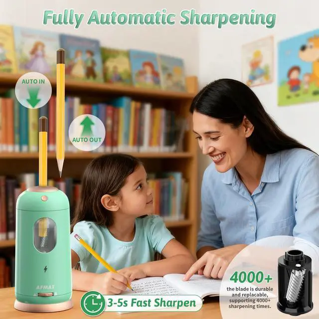 Alt view image 2 of 7 - Electric Pencil Sharpener, Auto in & Out, Fully Automatic Pencil Sharpener, Rechargeable Hands-Free Sharpeners for Jumbo & Colored Pencils (7-11.5mm), Good for Classroom/Home PSC8(Light Green)