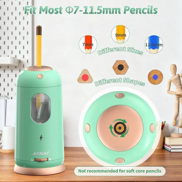 Alt view image 3 of 7 - Electric Pencil Sharpener, Auto in & Out, Fully Automatic Pencil Sharpener, Rechargeable Hands-Free Sharpeners for Jumbo & Colored Pencils (7-11.5mm), Good for Classroom/Home PSC8(Light Green)