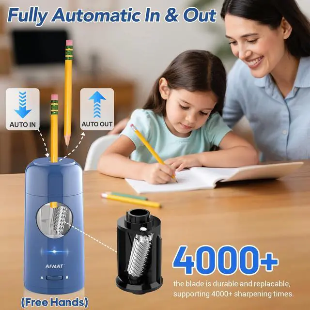 Alt view image 2 of 7 - Electric Pencil Sharpener, Rechargeable Fully Automatic Pencil Sharpener for Jumbo & Colored Pencils (7-11.5mm), Auto in/Out, Hands-Free, Portable for Home/Classroom/Office PSX6(Blue)