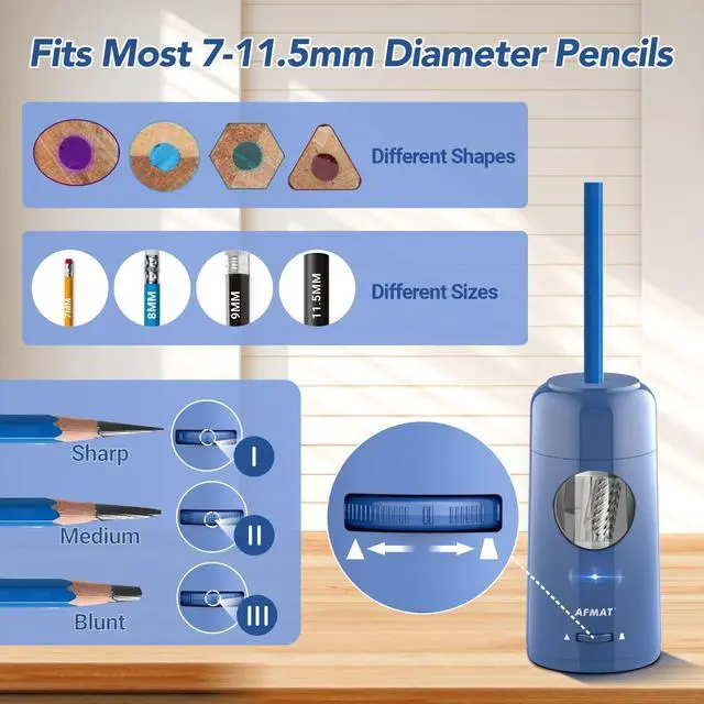 Alt view image 3 of 7 - Electric Pencil Sharpener, Rechargeable Fully Automatic Pencil Sharpener for Jumbo & Colored Pencils (7-11.5mm), Auto in/Out, Hands-Free, Portable for Home/Classroom/Office PSX6(Blue)