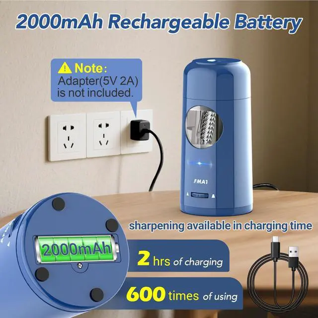 Alt view image 4 of 7 - Electric Pencil Sharpener, Rechargeable Fully Automatic Pencil Sharpener for Jumbo & Colored Pencils (7-11.5mm), Auto in/Out, Hands-Free, Portable for Home/Classroom/Office PSX6(Blue)