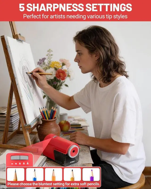 Alt view image 4 of 7 - Electric Pencil Sharpener, Fully Automatic Pencil Sharpener for 6.5-10.5mm No.2/Jumbo/Colored Pencils, Auto in & Out, 5 Sharpness Modes, 10000+ Sharpenings for Classroom Home Office, PSC5(120V)