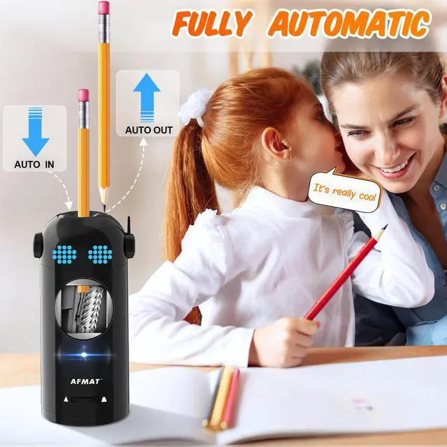 Alt view image 2 of 6 - Electric Pencil Sharpener, Fully Automatic Colored Pencil Sharpener for 7-11.5mm Pencils, Auto in & Out, Robot Pencil Sharpeners for Kids, Rechargeable Hands-Free with Dotted Eyes, PSX5ET, Black