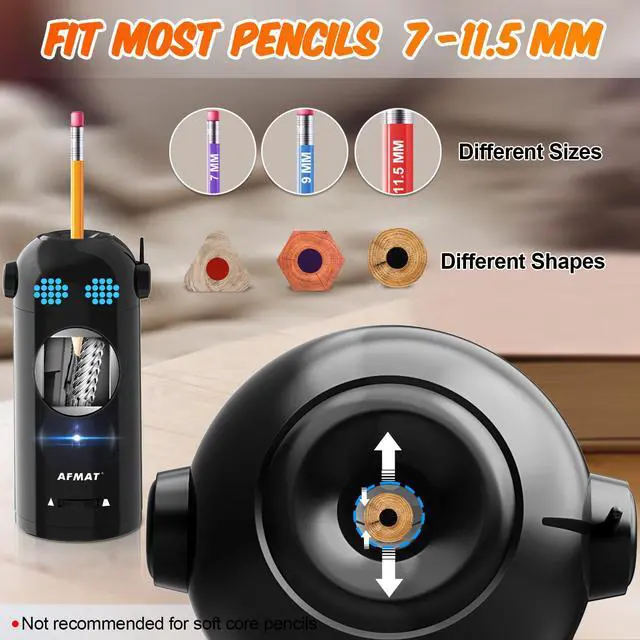 Alt view image 3 of 6 - Electric Pencil Sharpener, Fully Automatic Colored Pencil Sharpener for 7-11.5mm Pencils, Auto in & Out, Robot Pencil Sharpeners for Kids, Rechargeable Hands-Free with Dotted Eyes, PSX5ET, Black