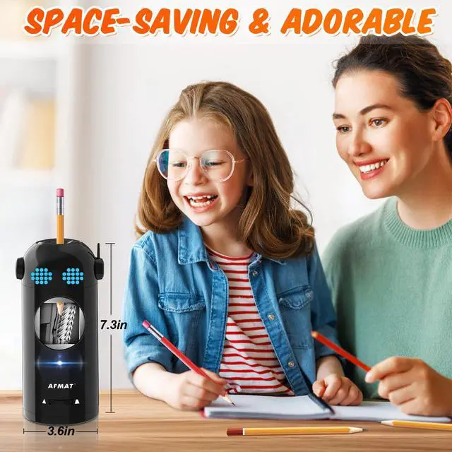 Alt view image 6 of 6 - Electric Pencil Sharpener, Fully Automatic Colored Pencil Sharpener for 7-11.5mm Pencils, Auto in & Out, Robot Pencil Sharpeners for Kids, Rechargeable Hands-Free with Dotted Eyes, PSX5ET, Black