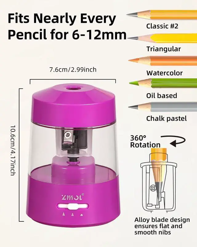 Alt view image 2 of 7 - Electric Pencil Sharpener Battery Powered, 6-12mm Jumbo Pencils, Pink