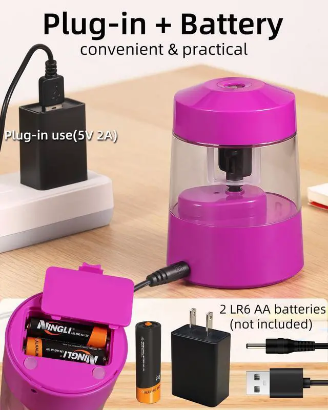 Alt view image 4 of 7 - Electric Pencil Sharpener Battery Powered, 6-12mm Jumbo Pencils, Pink