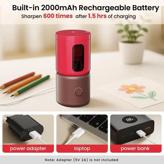 Alt view image 4 of 4 - Electric Pencil Sharpener with 5 Adjustable Settings for Artists, Fully Automatic Sharpener for 6.9-11.2mm Pencils, Auto in & Out, Rechargeable Hands-Free Pencil Sharpener for School Classroom