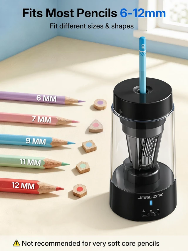 Alt view image 3 of 7 - Fully Automatic Rechargeable Electric Pencil Sharpener 3 Adjustable Sharpness Modes, Compatible with 6-12mm Pencils, Hands-Free Operation for Home, Office and Classroom, Black