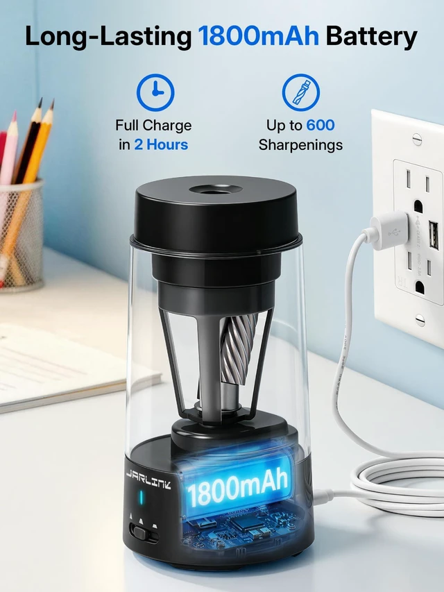 Alt view image 5 of 7 - Fully Automatic Rechargeable Electric Pencil Sharpener 3 Adjustable Sharpness Modes, Compatible with 6-12mm Pencils, Hands-Free Operation for Home, Office and Classroom, Black