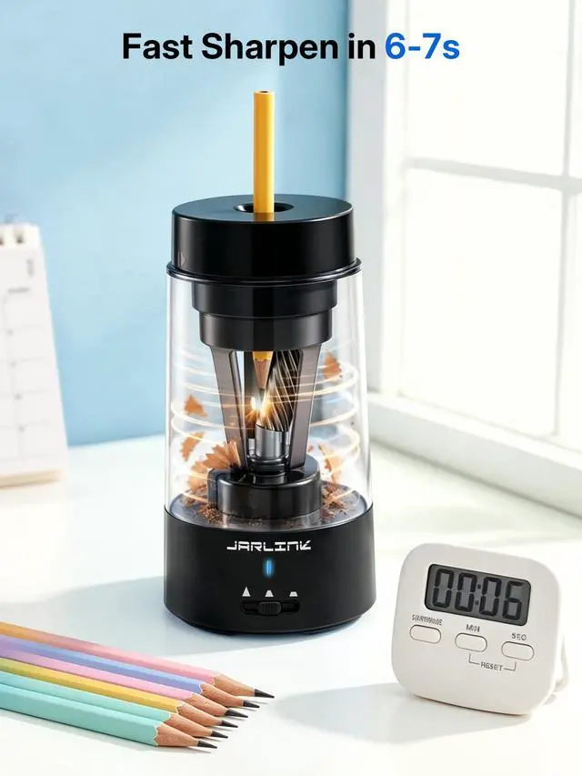 Alt view image 6 of 7 - Fully Automatic Rechargeable Electric Pencil Sharpener 3 Adjustable Sharpness Modes, Compatible with 6-12mm Pencils, Hands-Free Operation for Home, Office and Classroom, Black
