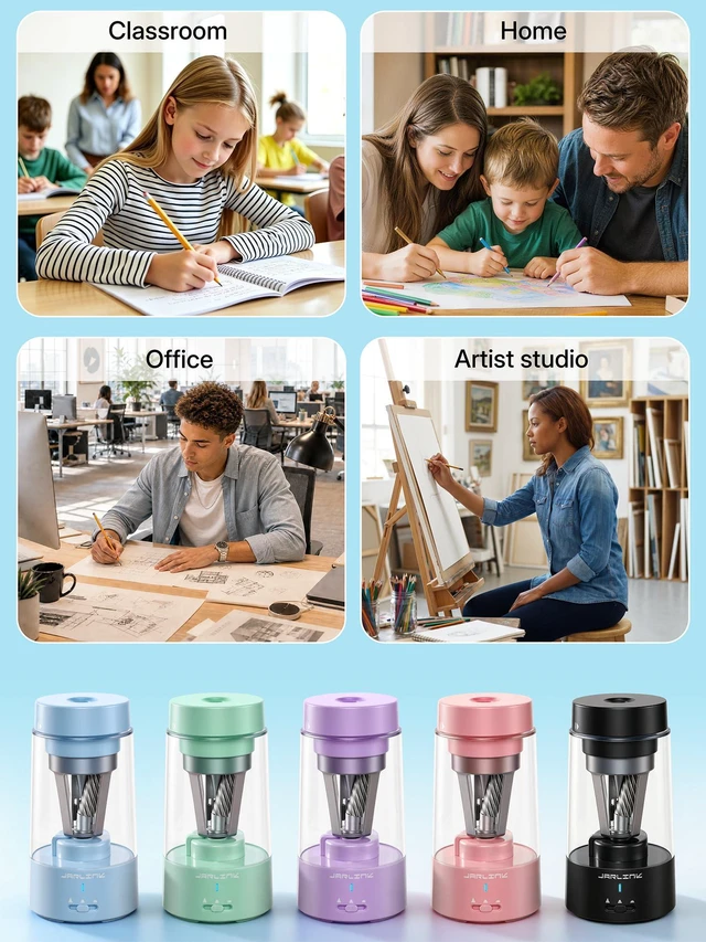 Alt view image 7 of 7 - Fully Automatic Rechargeable Electric Pencil Sharpener 3 Adjustable Sharpness Modes, Compatible with 6-12mm Pencils, Hands-Free Operation for Home, Office and Classroom, Blue