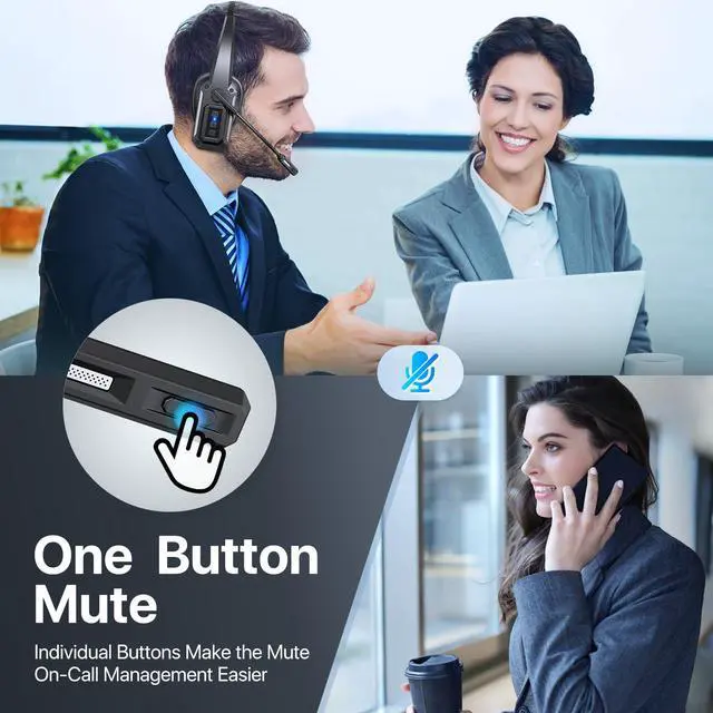 Alt view image 7 of 7 - Trucker Bluetooth Headset with Mic, Wireless Headset for Work with Mute Button, 60H Battery, Over Ear Bluetooth Headset for Truck Driver, Office, Laptop, Cell Phone, Black