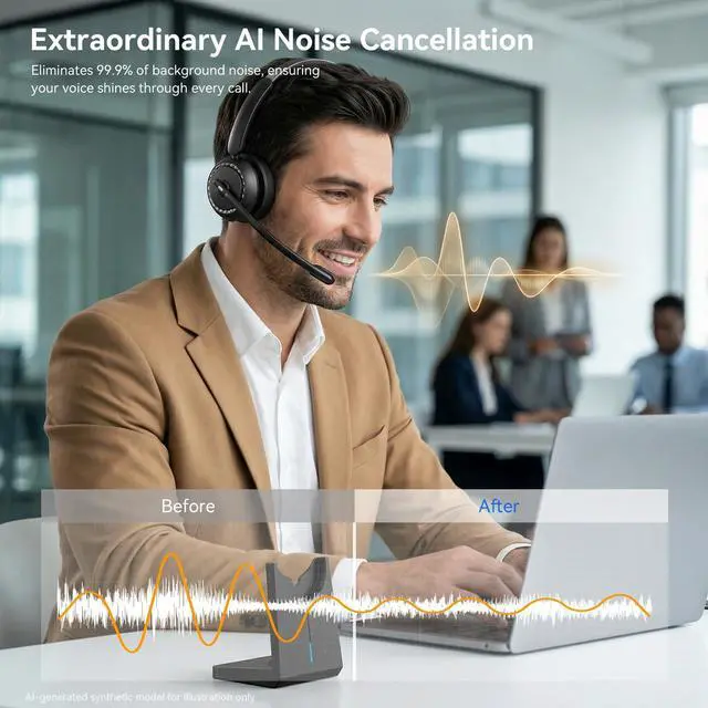 Alt view image 2 of 6 - Wireless Headset with Mic for Clear Work Calls, Bluetooth 5.2 Headset with Noise Cancelling Microphone & Mute Button, 40H Talk Time for Zoom Teams, Home Office, PC Mac Laptop Phone (Glossy Black)
