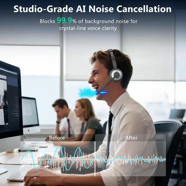 Alt view image 2 of 7 - Wireless Headset with Microphone, AI Noise Cancelling Headset for Office