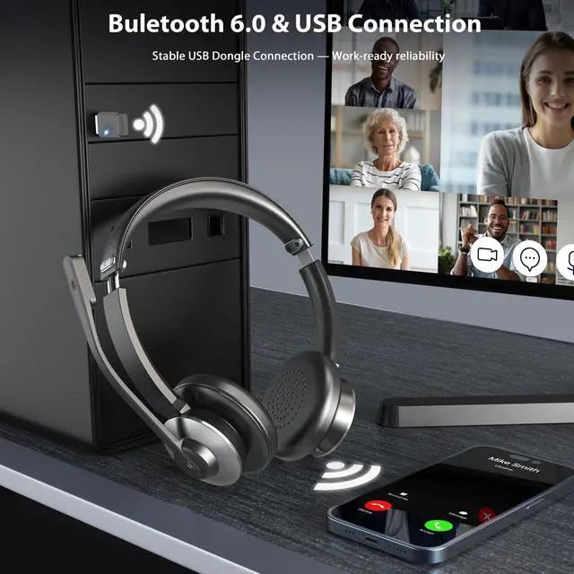 Alt view image 5 of 7 - Wireless Headset with Microphone, AI Noise Cancelling Headset for Office