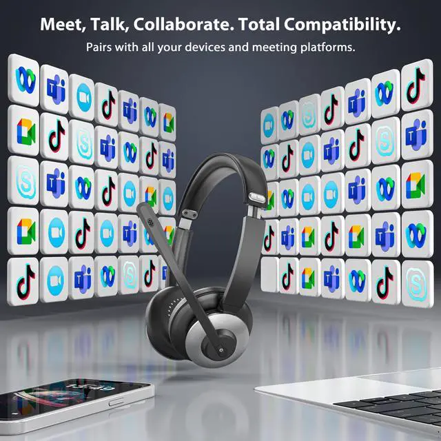 Alt view image 7 of 7 - Wireless Headset with Microphone, AI Noise Cancelling Headset for Office