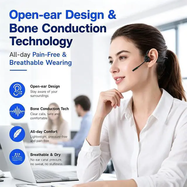 Alt view image 4 of 7 - Open-Ear Headphones with Noise-Canceling Mic, Bone Conduction Headphones
