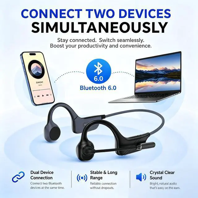 Alt view image 6 of 7 - Open-Ear Headphones with Noise-Canceling Mic, Bone Conduction Headphones
