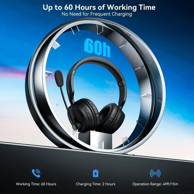 Alt view image 4 of 7 - Bluetooth Headset with Microphone, 60 Hrs Bluetooth Headphones with Mic, Wireless Headset with Mic for Work/Meetings/Office/iPhone/Phone Calls/Call Center/Computer/PC/Teams/Zoom/Podcast/Skype/WebEx